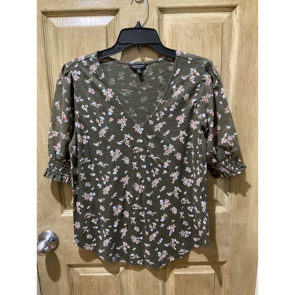 Lucky Brand Tops - Lucky Brand Blouse S/P Womens Green Floral Short Sleeve Sheer Ruffle Sleeves